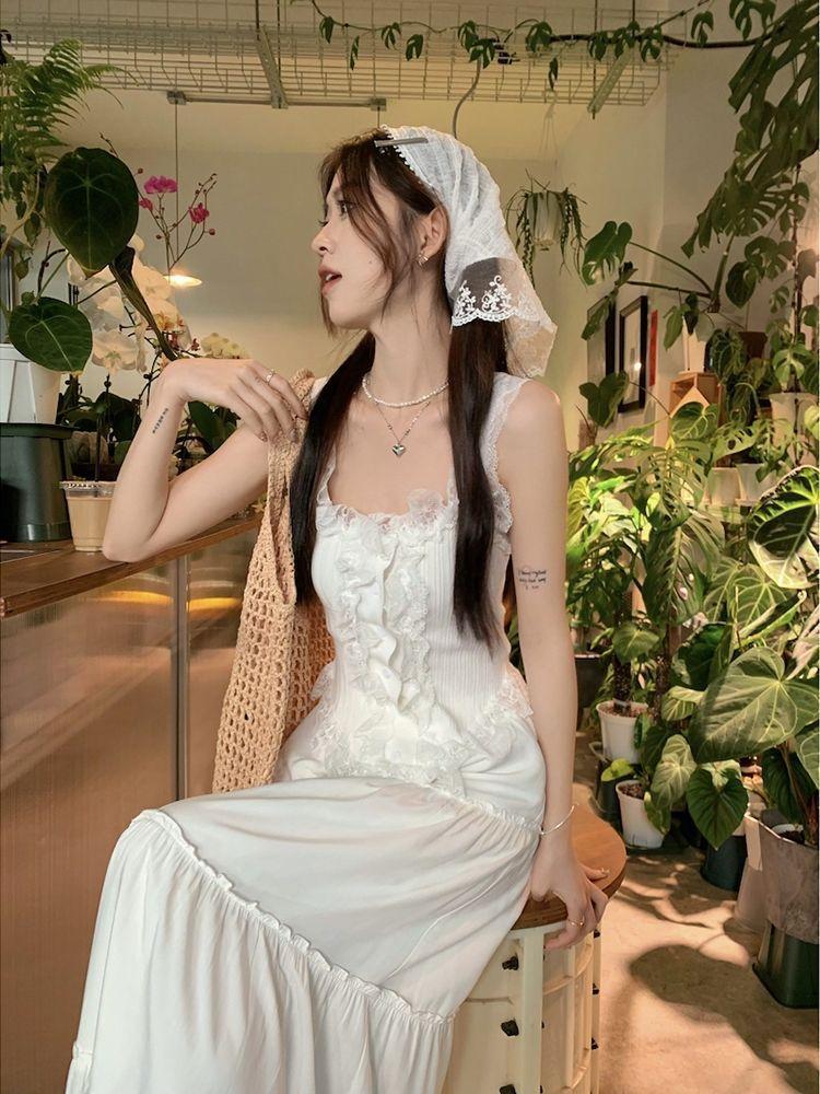Suit Women's Summer Sweet and Spicy Lace Suspender Vest Super Fairy Long Dress White Skirt Two-piece Set Gentle Wind