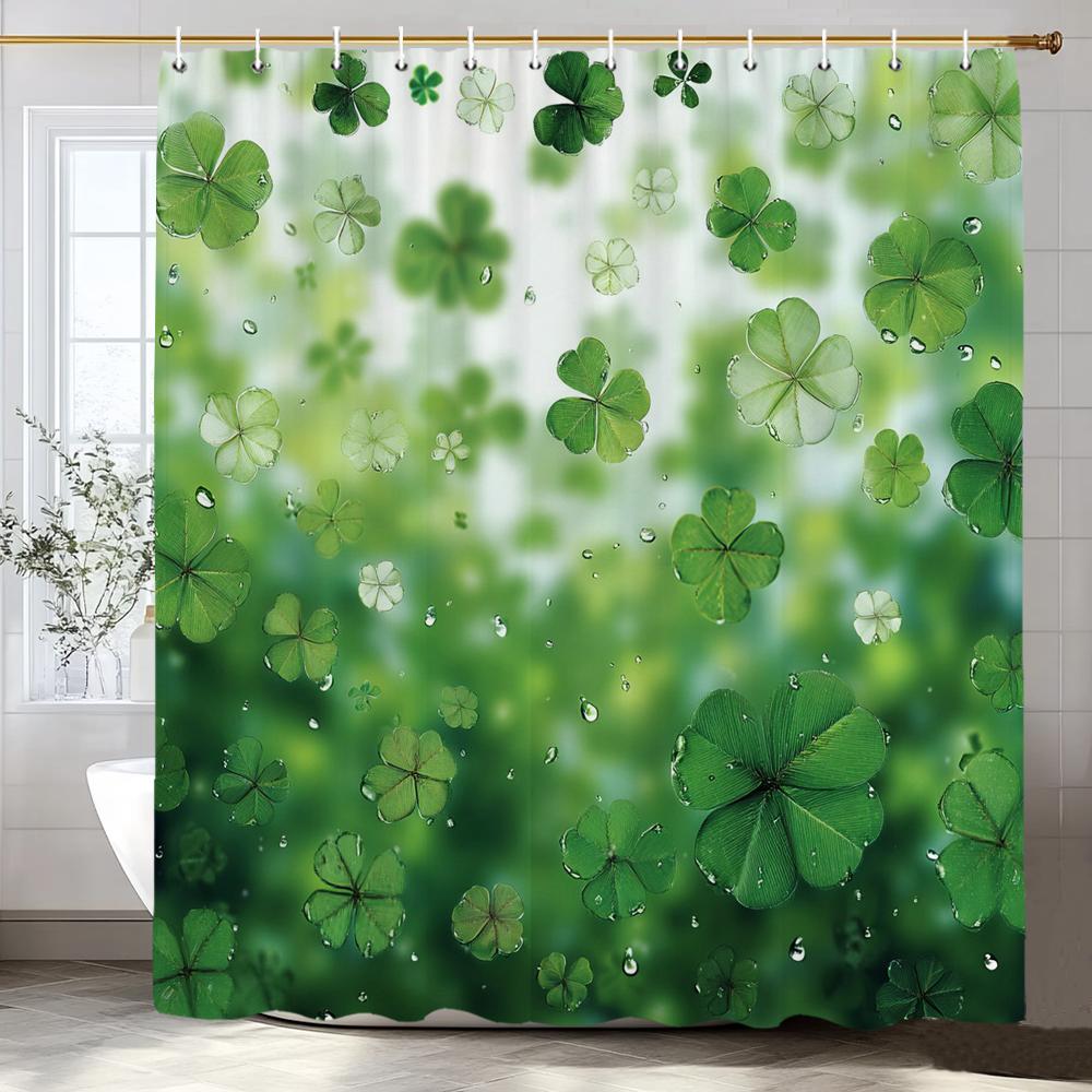 Green Leaves, Lucky Grass Clover Pattern Shower Curtain, Bathroom Decorative Shower Curtain, Home Curtain With Hooks