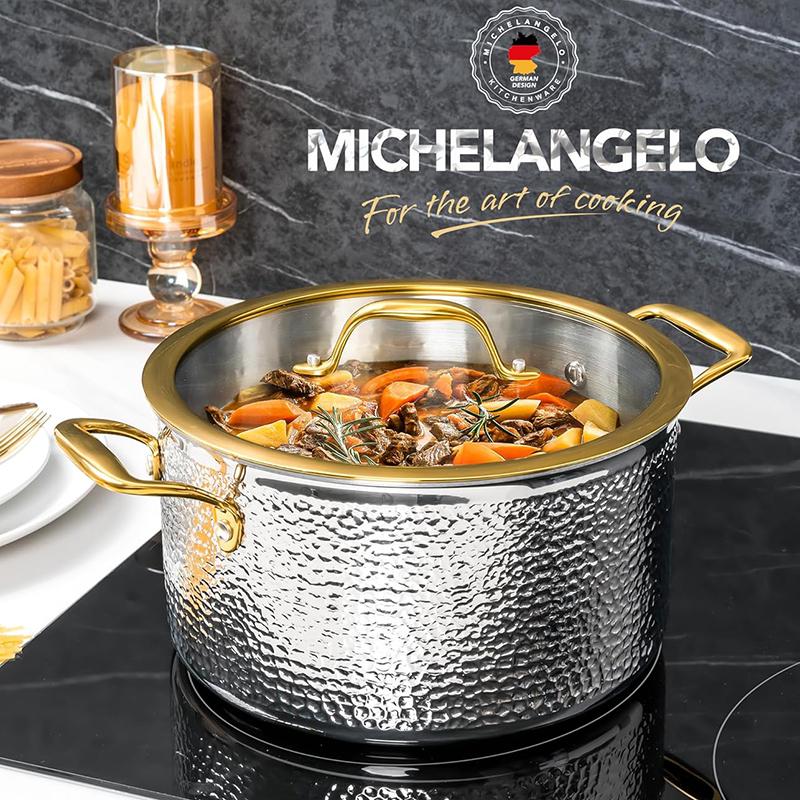 MICHELANGELO Dreilagiger Edelstahl Suppentopf mit Deckel Luxus Gehammerte Antihaftpfanne 6-Quart-Topf Goldener Griff Induktions-Suppentopf