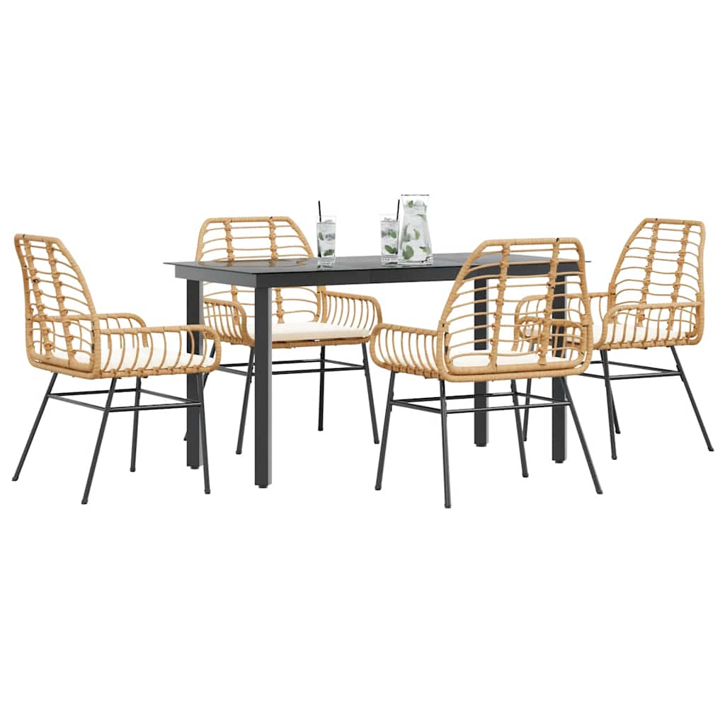 5 Piece Outdoor Dining Set with Cushions Brown Poly Rattan & Glass