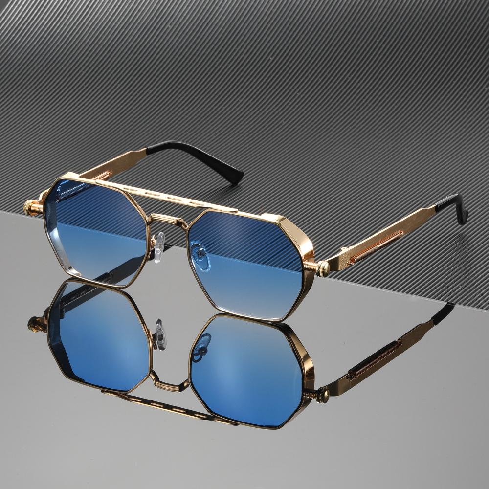 1PC Unisex Gold Metal Polygon Sunglasses, Gradient Lens Retro Trendy Frame, Ideal For Fashion & Casual Occasions