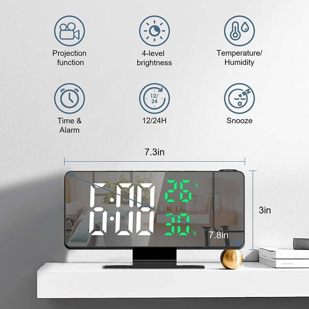 LED Projection Alarm Clock 180° Rotating Projection Weekday/Weekend Mode Projection Clock Temperature Humidity Display