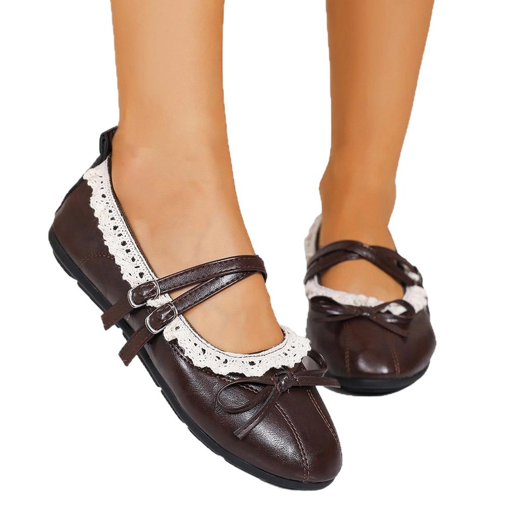 Girls Mary Jane Flats Double Buckle Straps Lace Trim Ballet Shoes Soft Sole Casual Slip On Footwear for Kids