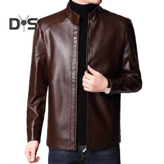Chaqueta de Hombre Piel Sintética Color Sólido Cuello Alto Suave Grueso Cálido Manga Larga Cremallera Protección del Cuello Motocicleta A Prueba de Viento Chaqueta Fresca Otoño Invierno