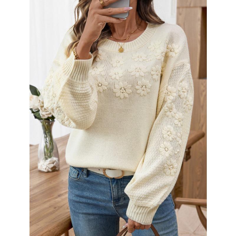 Fresh Sweet 3d Daisy Embroidery Loose Fit Crew Neck Long Sleeve Knit Pullover Sweater