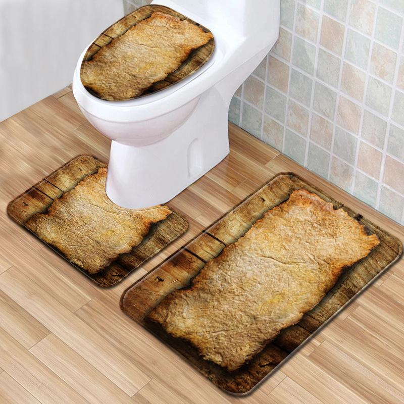Wood Grain Board Texture Toilet Carpet Set Bathroom Non-Slip Floor Mat Doormat