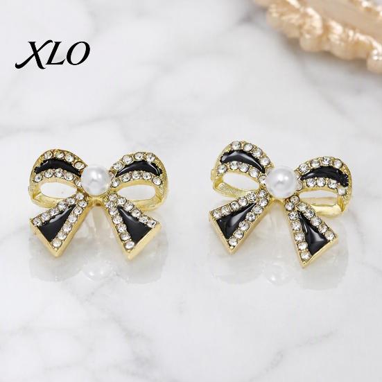 Minimalist Bow Knot Earrings 1 Pair Sparkly Rhinestone Stud for Women, Faux Pearl Vintage Style Ear Studs Ribbon Earrings, Statement Cubic Zirconia