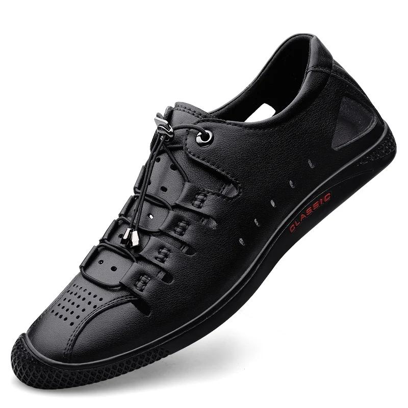 Summer New White Leather Hollow Out Sandals Breathable Comfort Men Beach Shoes Fashion Soft Sole Male Flat Casual Leather Loafer