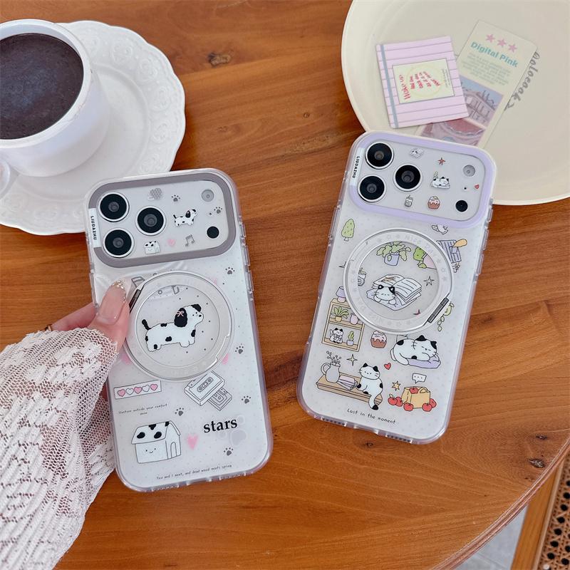 Kawaii Cartoon Dog Cat Print Ring Holder Phone Case For iPhone 15 16 17 Pro Max INS Korean Style Large Window Shockproof Cover