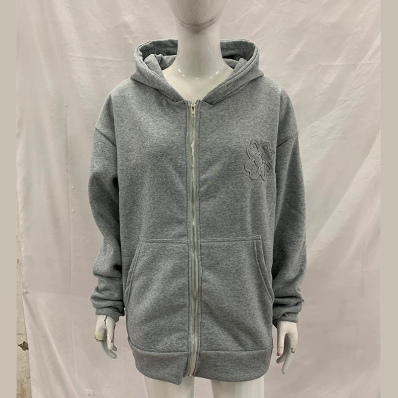 Y2K retro trend düz renk günlük bol kapüşonlu fermuarlı sweatshirt