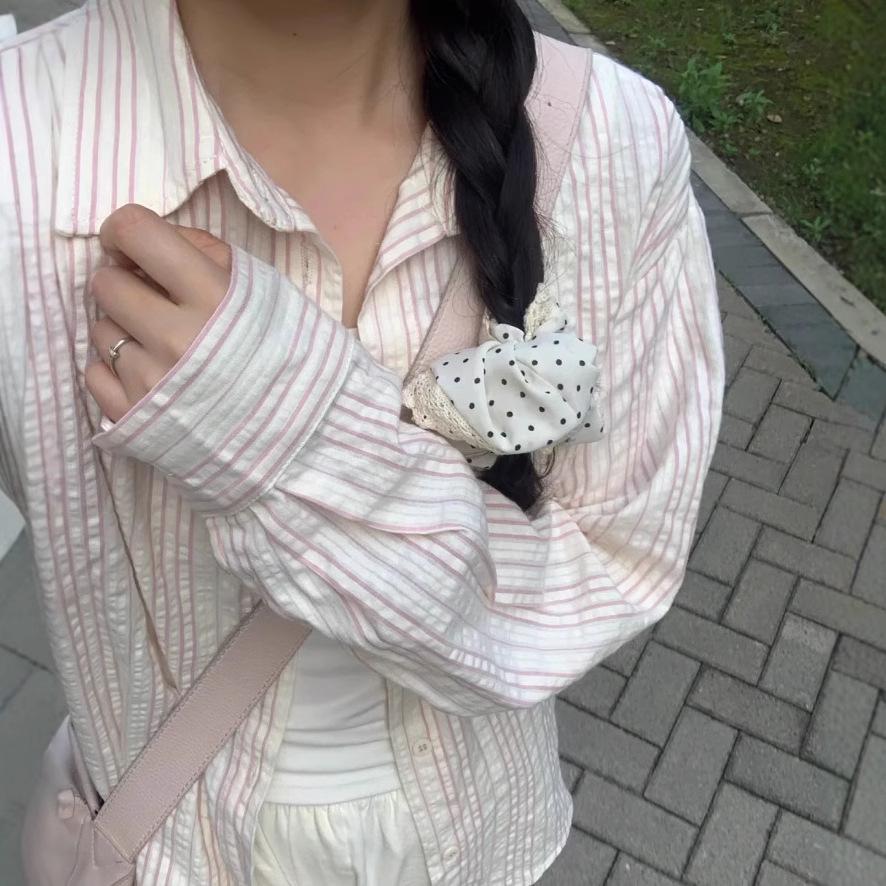 

Women s Pink Striped Pleated Patchwork Shirt - Concave-Convex Design, Spring/Summer 2025, New College Style XL [up to 130 lbs]