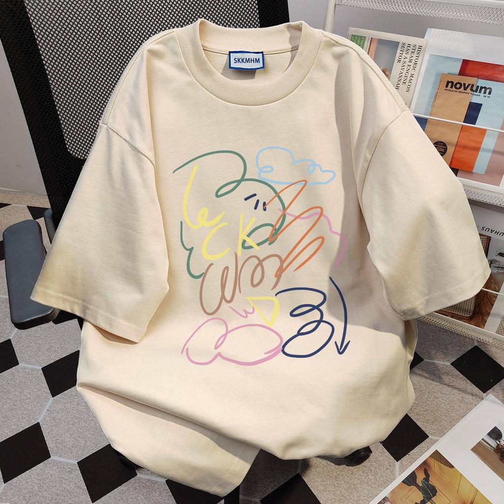 American high street design line printing short-sleeved t-shirt women's summer new loose large size fat mm pure cotton top