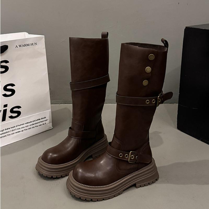 

Jiayun thick-soled breasted boots women s knee boots 2025 autumn and winter new small thick-heeled knight boots 40 темно-коричневого