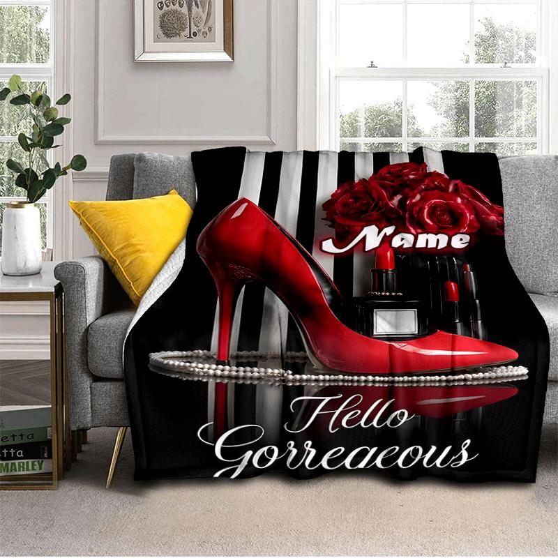 1PC Custom Name Glamorous Heels Roses outdooor Flannel blankets Throw Blanket All-Season Throw Gift Bedspread for Couch, Bed, Camping Holiday Birthday