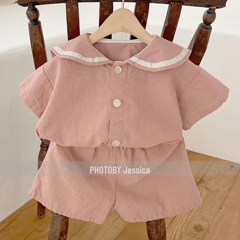 Korean Summer College Style Short-Sleeved Shirt and Shorts Set for Kids