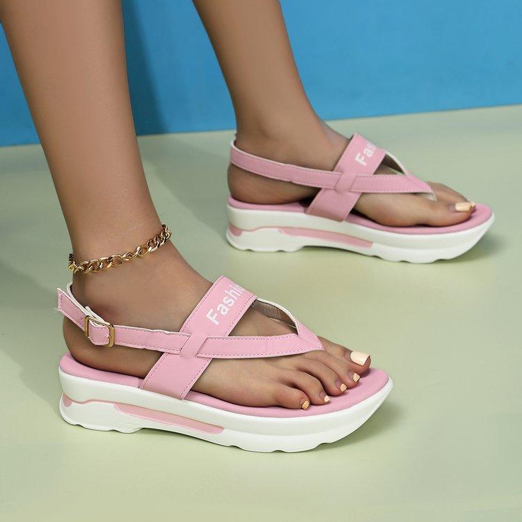 Foreign trade large size slope heel toe buckle with sandals women 2024 summer South East Asia outer wear thick-soled Roman sandals