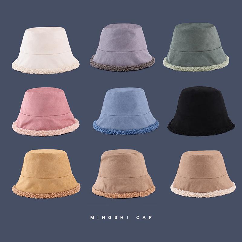 Autumn and Winter Warm Double-sided Morandi Color Fashionable and Versatile Korean Style Basin Hat for Men and Women's Lamb Wool Fisherman Hat