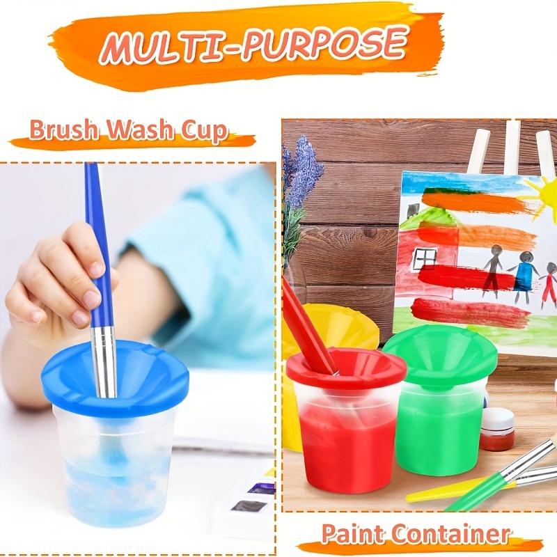 Spill-Proof Paint Cups with Lids and 4 Round Brushes, Multi-Color Plastic for DIY Painting Crafts