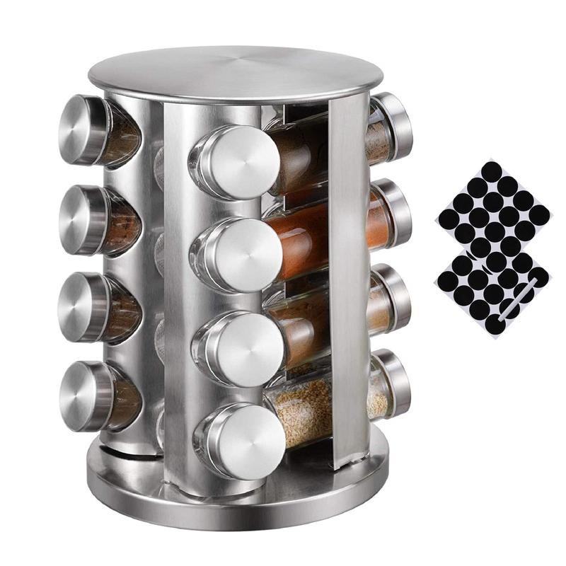 Revolving Spice Rack with 12/16/20 Jars, Rotating Seasoning Organizer with Labels, Stainless Steel Spice Carousel for Kitchen Countertop, Cabinet