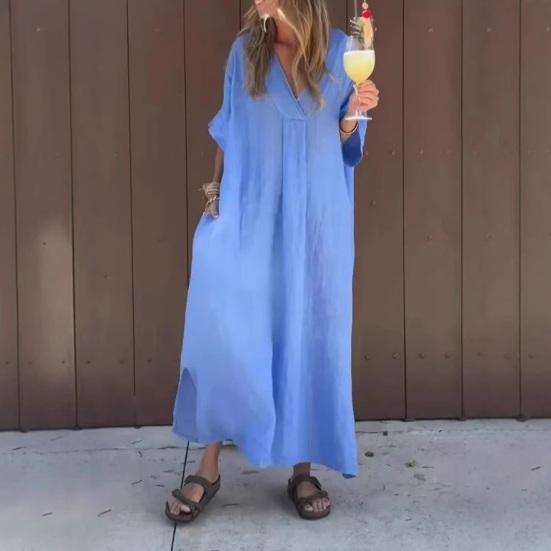 Women's Loose Maxi Dress V-Neck Short Sleeve Long Dress Summer Casual A-Line Beach Sundress
