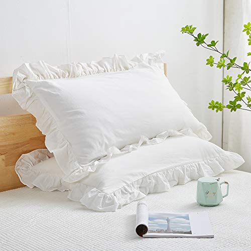 Farmhouse Ruffled Off White Cotton Pillow Sham Set of 2   Standard 19x27.8 Inches for Bedroom or Guest Room Decor