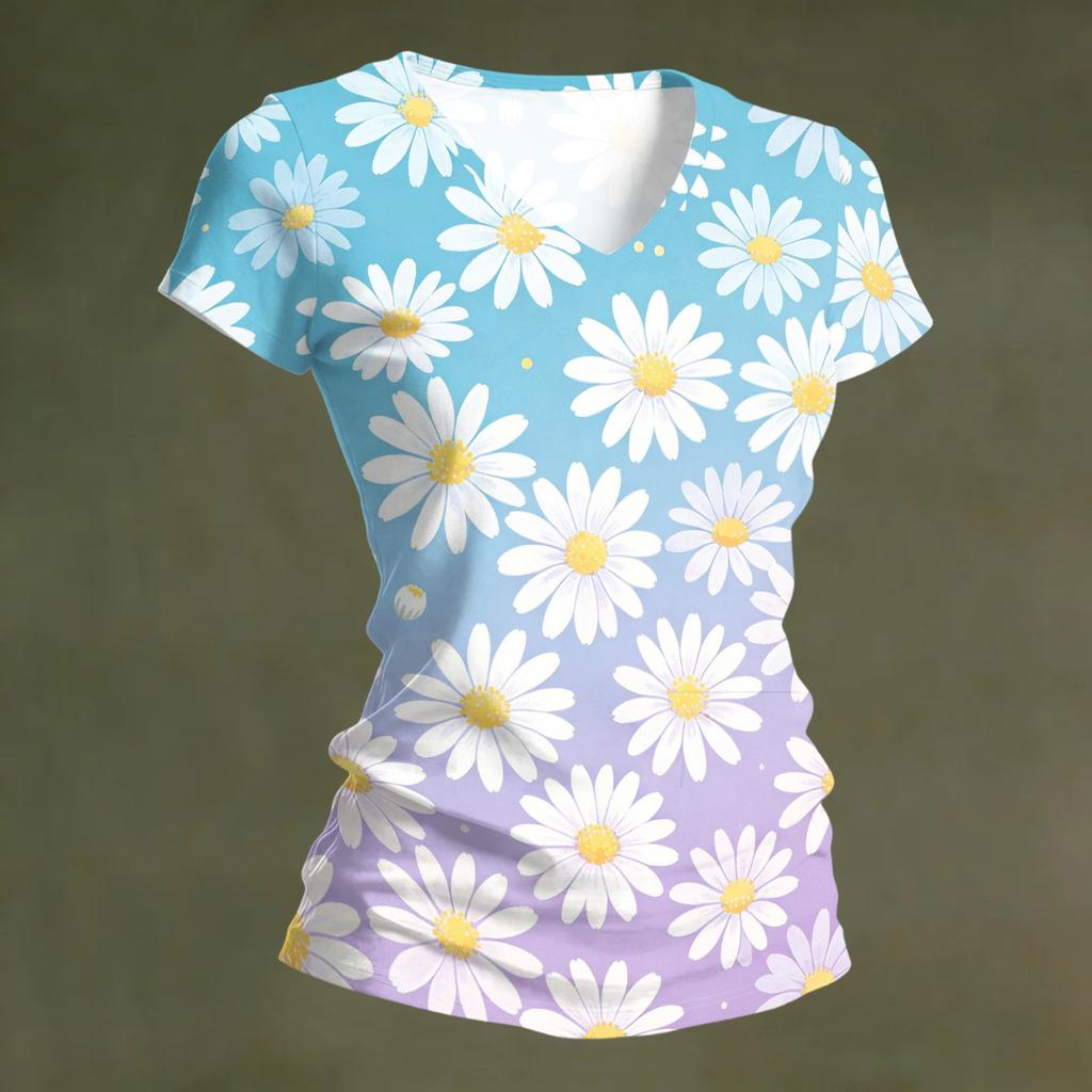 Women Casual V Neck Short Sleeve Floral Print T Shirt Lightweight Soft Fabric Comfortable Fit Summer Top