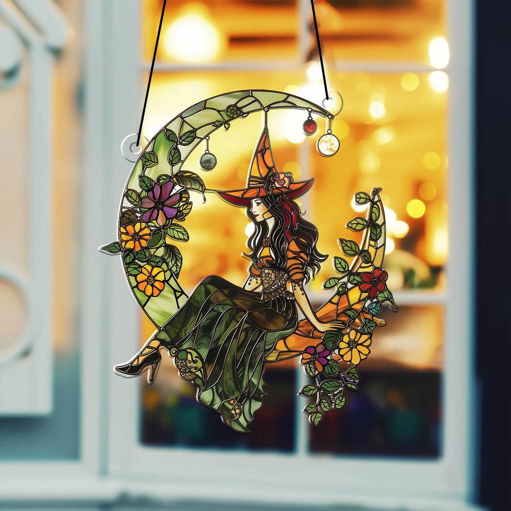 Acrylic Halloween Witch On Moon Suncatcher, Colorful Floral, Art Leaf, Crescent Moon Hanging Window Ornaments for Home & Garden