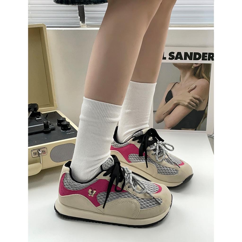 Double Pair of Shoelaces~ Leather Breathable Inner Height Increase German Training Shoes Women's 2025 Spring and Summer Flat Mesh Letters Ugly Cute Ca