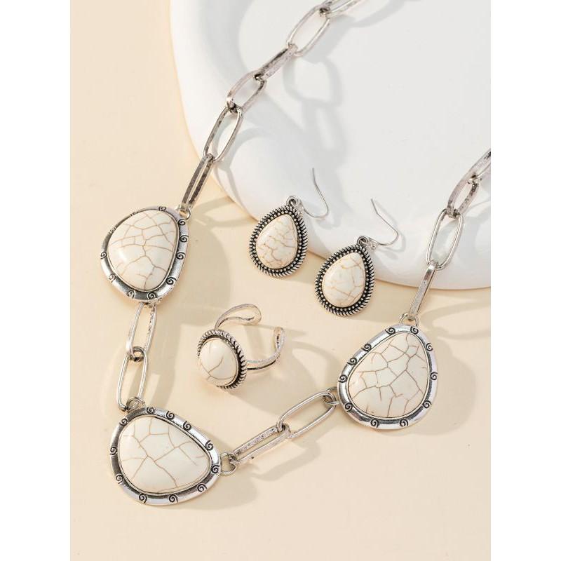 Boho Vintage Turquoise Alloy Necklace Earring Ring Set Women Men Ethnic Style Jewelry Cross Chain Crown Roman Numeral Design