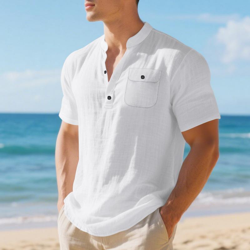 Linen Men's T-Shirt Loose-Fit Casual Workwear Commuter Menswear Short-Sleeved Henley Pocket Shirt