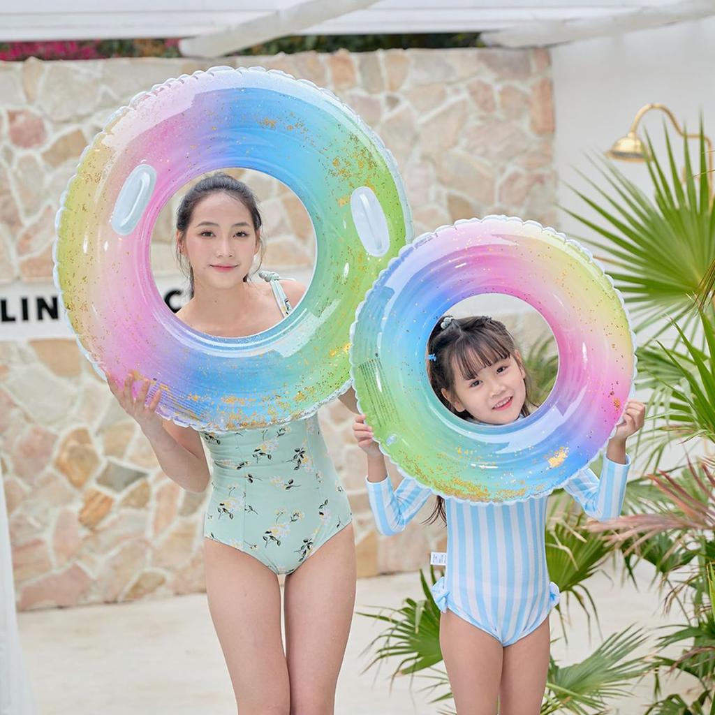 Float for Adults and Children, 90100cm, O-Shaped, with Handle, Sequin Rainbow Design, Leak-Resistant, Stable, Perfect for Summer Vacation, Beach,