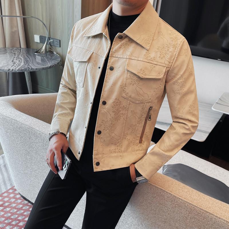 Autumn new trendy brand locomotive flower men's PU leather jacket jacket zipper lapel top pocket zipper