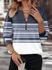 T-shirt da donna a maniche lunghe stampate a blocchi di colore autunnale Geometria Cerniera Scollo a V Streetwear Top da donna Ampi Abbigliamento casual