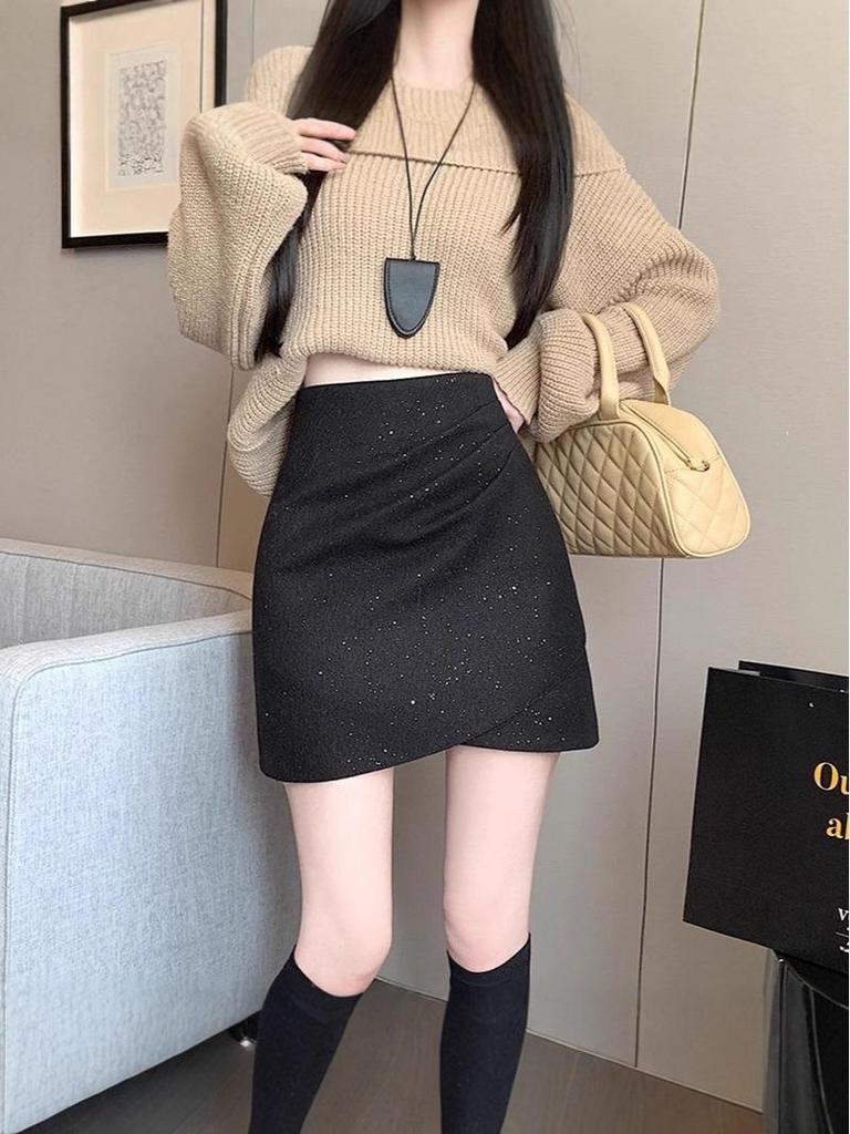 Chic Woolen Sequin A-Line High Waist Skirt - Autumn/Winter 2025 Collection