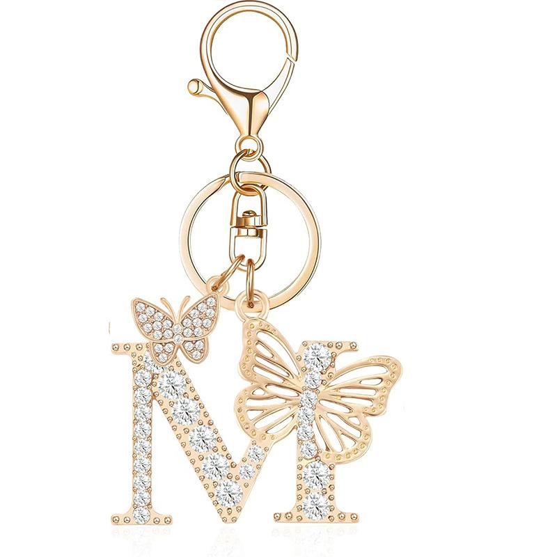Exquisite Women Capital Letters Charms Keychain Initial 26 A-Z Butterfly Rhinestone Keyring Bag Decoration Pendant Girl Gift