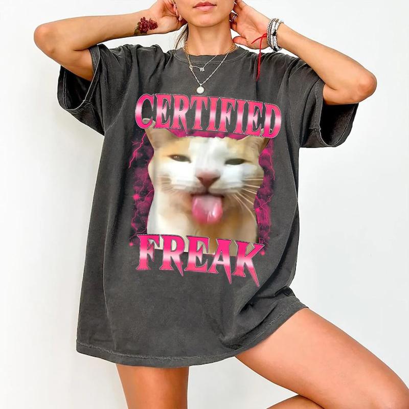 

Novelty Creativity Certified Freak Eating CeUnisext Unhappy Cat T Shirts Meme Tee Women Unisex Cotton Summer Harajuku Oversized Loose S