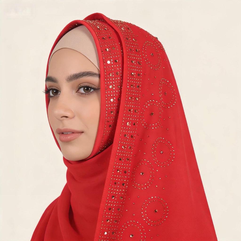 A007 Rhinestone & Pearl Embellished Long Scarf with Lace Trim