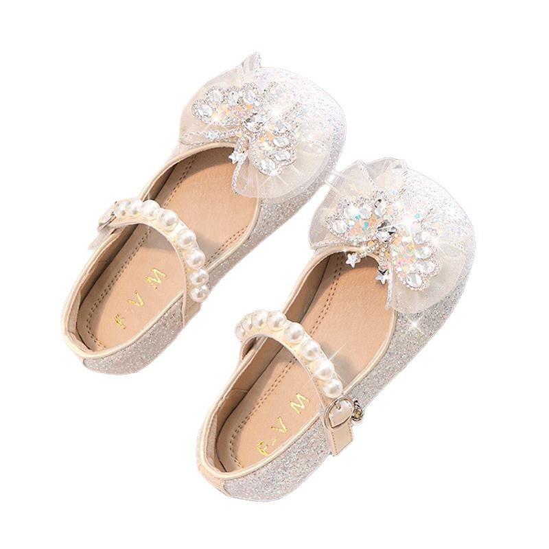 2026 Spring/Autumn Girls' Princess Leather Shoes - Shiny Crystal Rhinestone Baby Flats