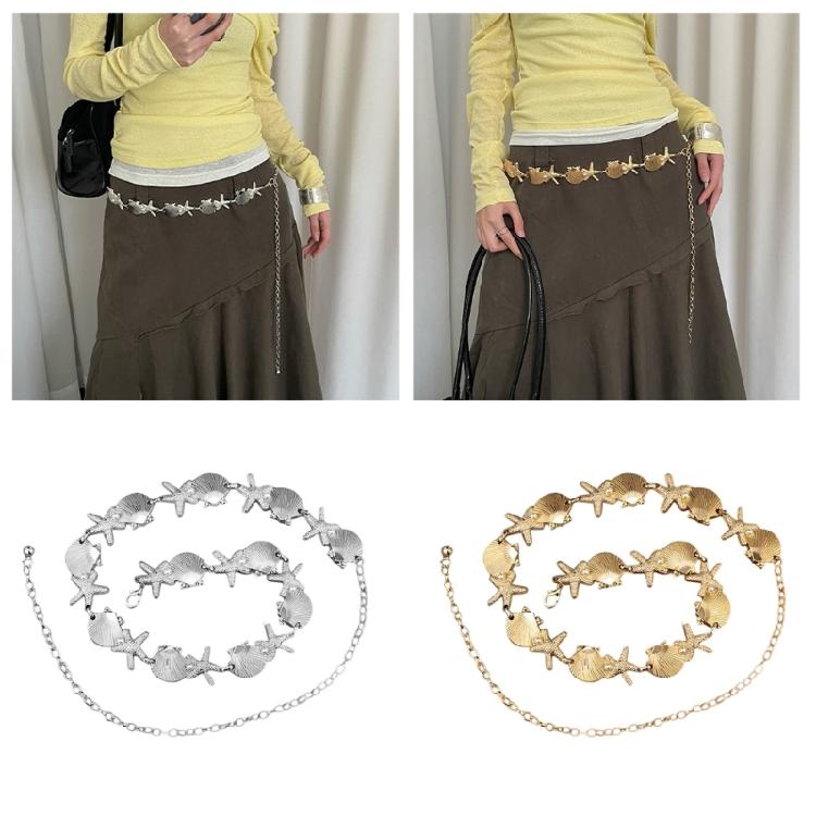 Sea Star Waist Chain Waist Ornament Belly Sash with Metal Shells and Pearls Accent For Ocean Themed Style Enthusiasts