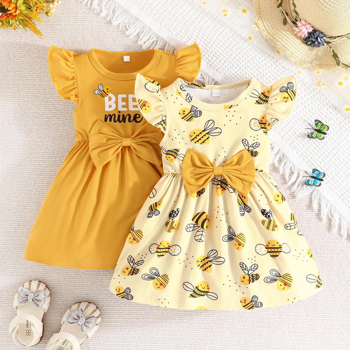 

Spring and Summer Baby Girl Cute Bow Dress Two-piece Set Cute Bee Print 2-3Y жовтий