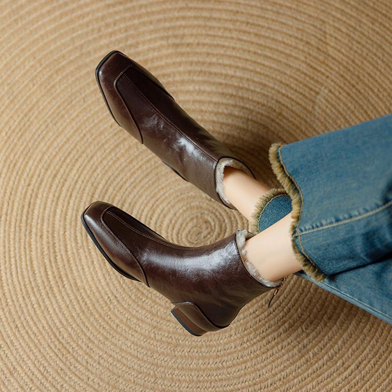 Fashion NEW Winter Women Boots Square Toe Chunky Heel Shoes Split Leather Shoes for Women Zipper Ankle Boots Warm Wool Modern Boots
