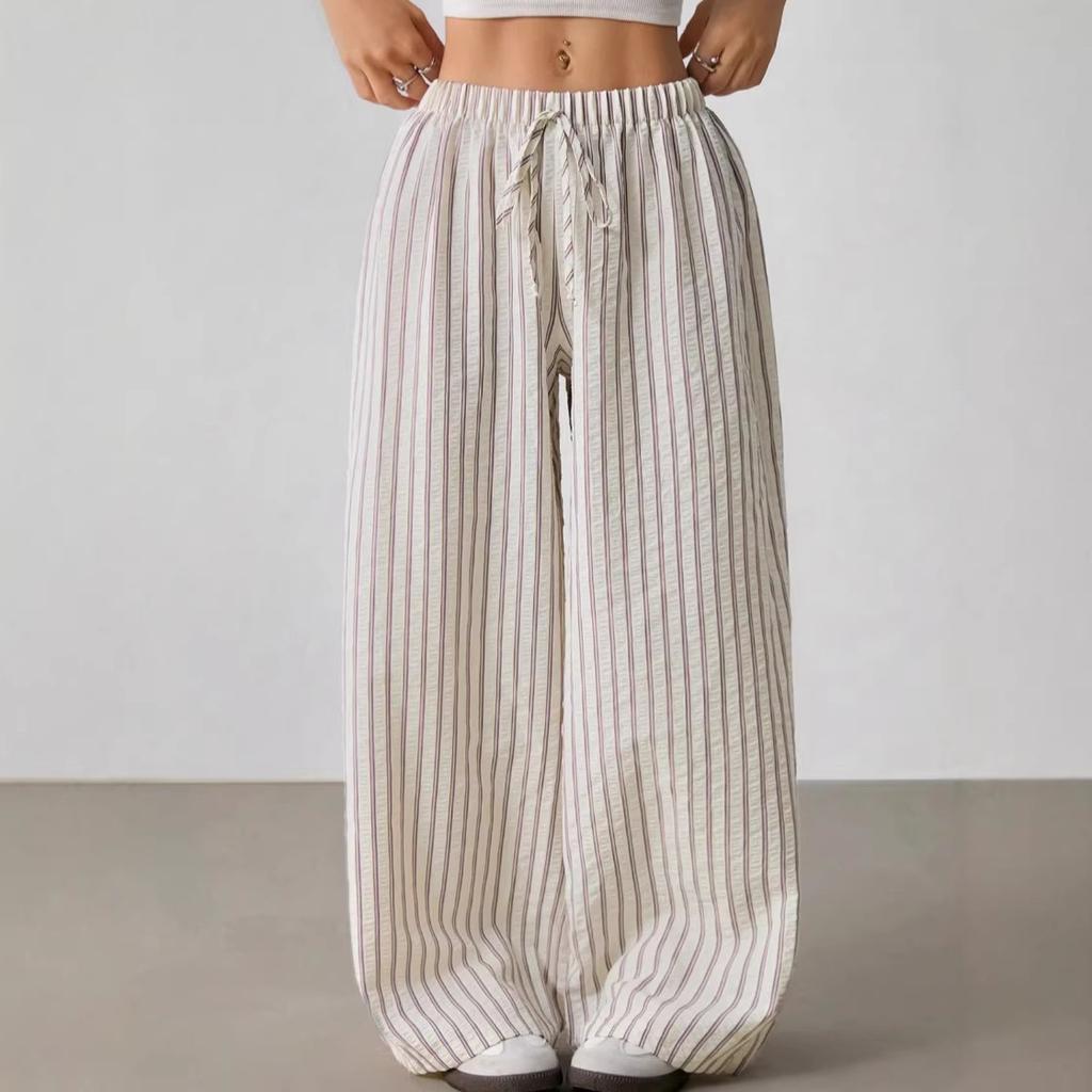 Women's Mid Rise Striped Wide Leg Pants Loose Fit Drawstring Elastic Waist Casual Trousers