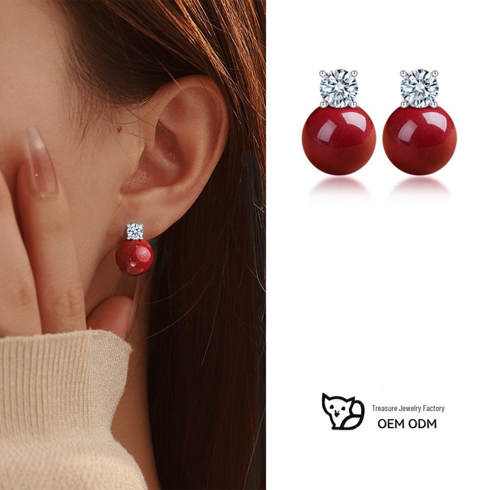 

Genuine Cinnabar Red Bead & Zircon Earrings with 925 Silver - Elegant & Stylish for Autumn/Winter. 10mm