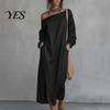 Party Dress Casual Women's One Shoulder Long Sleeve Maxi Dress, Cotton Linen Tunic Side Slit Summer Loose with Pockets Retro Style