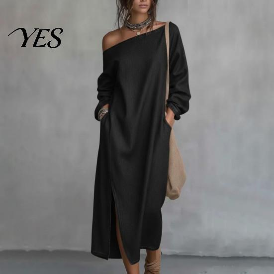 Party Dress Casual Women's One Shoulder Long Sleeve Maxi Dress, Cotton Linen Tunic Side Slit Summer Loose with Pockets Retro Style