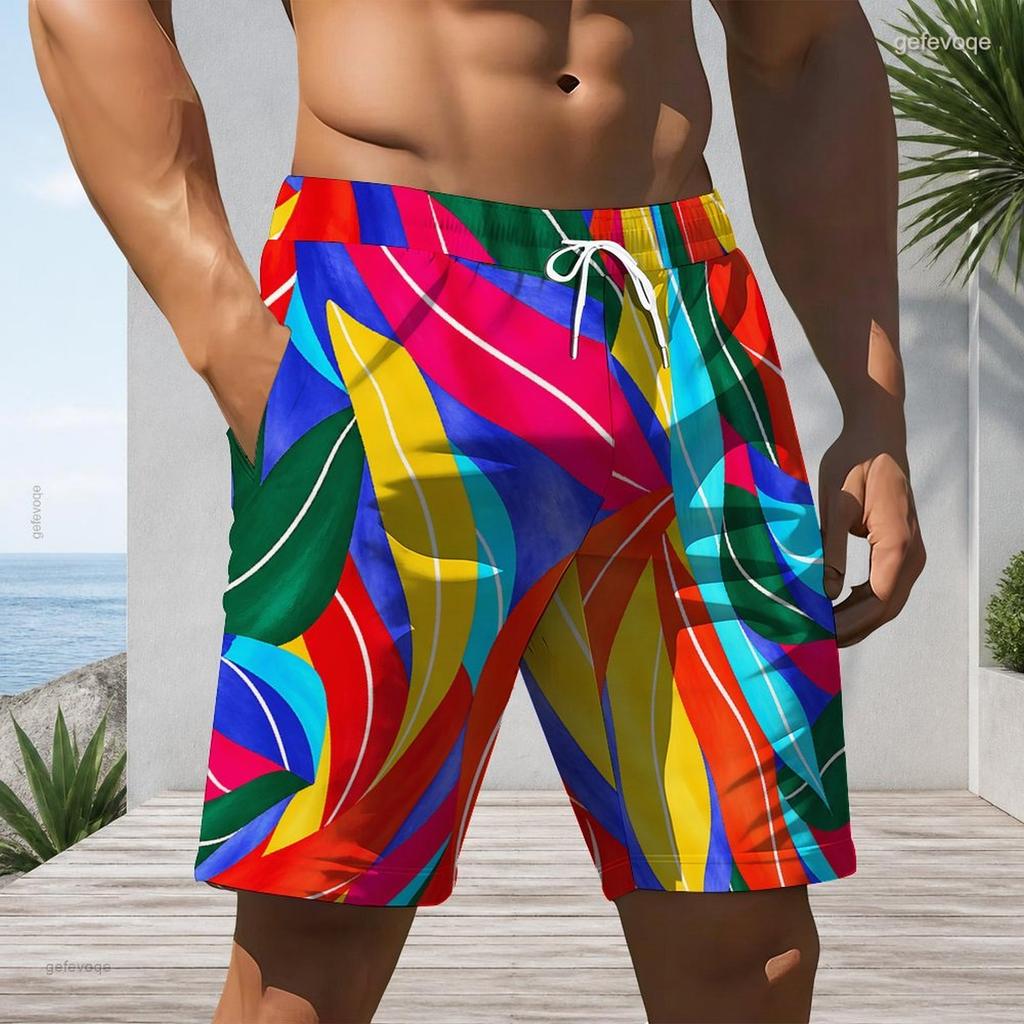Men Big Size Abstract Marble Print Drawstring Beach Shorts Quick Dry Casual Swim Trunks With Pockets For Summer Holiday Surfing