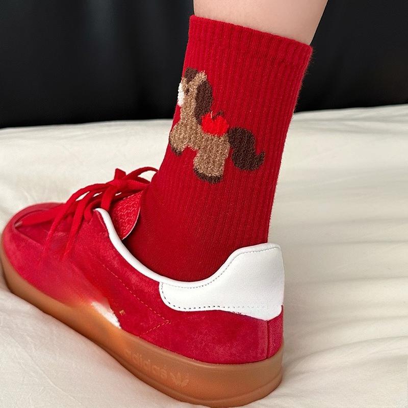 Red Socks - Men's and Women's Lucky Mid-Calf Cotton Knitted Embroidered New Year Socks