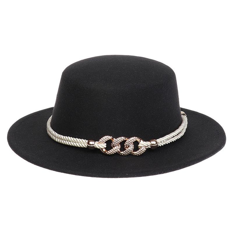 Women's Wool Felt Flat Top Fedora Hat - French Autumn/Winter Retro Style with Chain