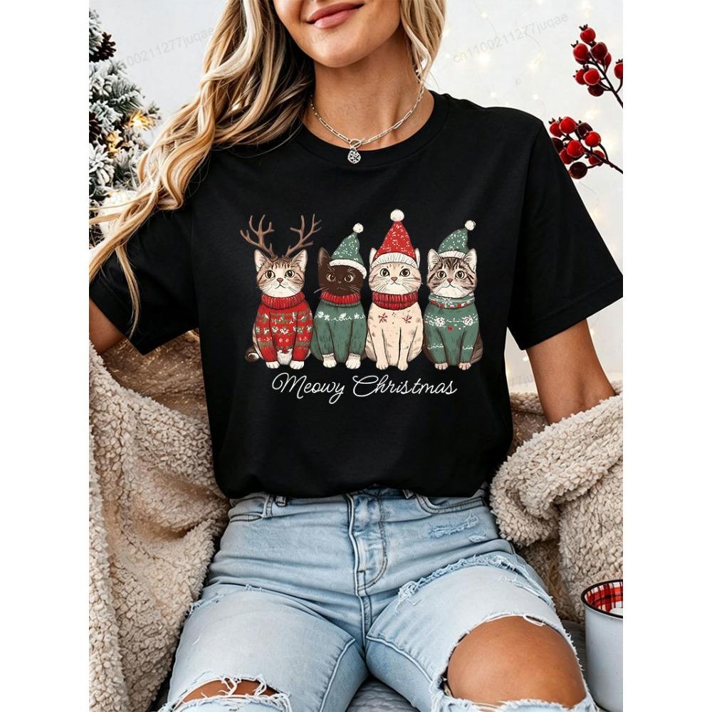Women Christmas T‑Shirt Meowy Christmas Cute Cat Xmas Sweater Hat Reindeer Print Short Sleeve Casual Holiday Party Tee Tops Gift
