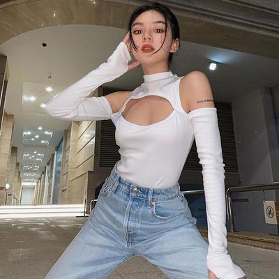 High Fashion női hosszú ujjú body, egyszínű, üreges váll nélküli, félig magas gallérú jumpsuit
